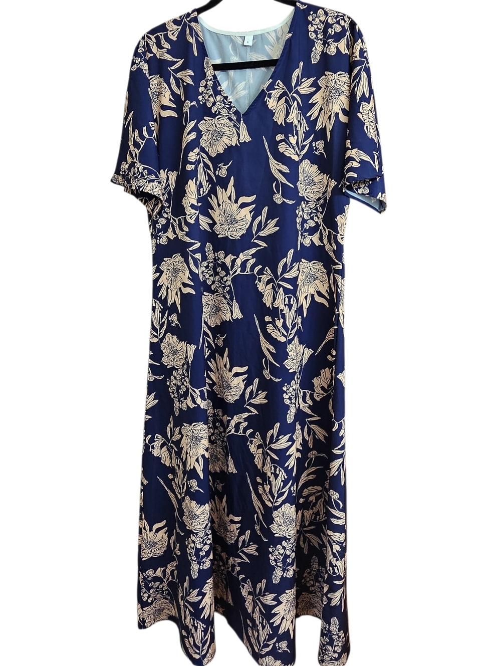 Long Flowy Bohemian Floral V Neck Short Sleeve Maxi Dress Navy Blue & Tan Large